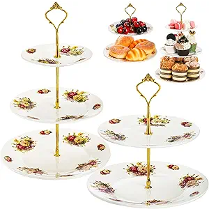Cupcake Stand Set of 2, 3-Tier & 2-Tier Porcelain Dessert Stand with Vintage Floral Embossing, Elegant Tiered Serving Trays for Wedding, Birthday, Tea Party Display, White