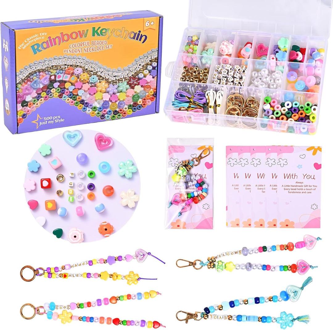 Grnheat 495 Pcs Bead Keychain Making Kit - Acrylic Letter Beads with Heart Star Flower Charms - Personalized Name for Purse Charm Tote Bag Accessory
