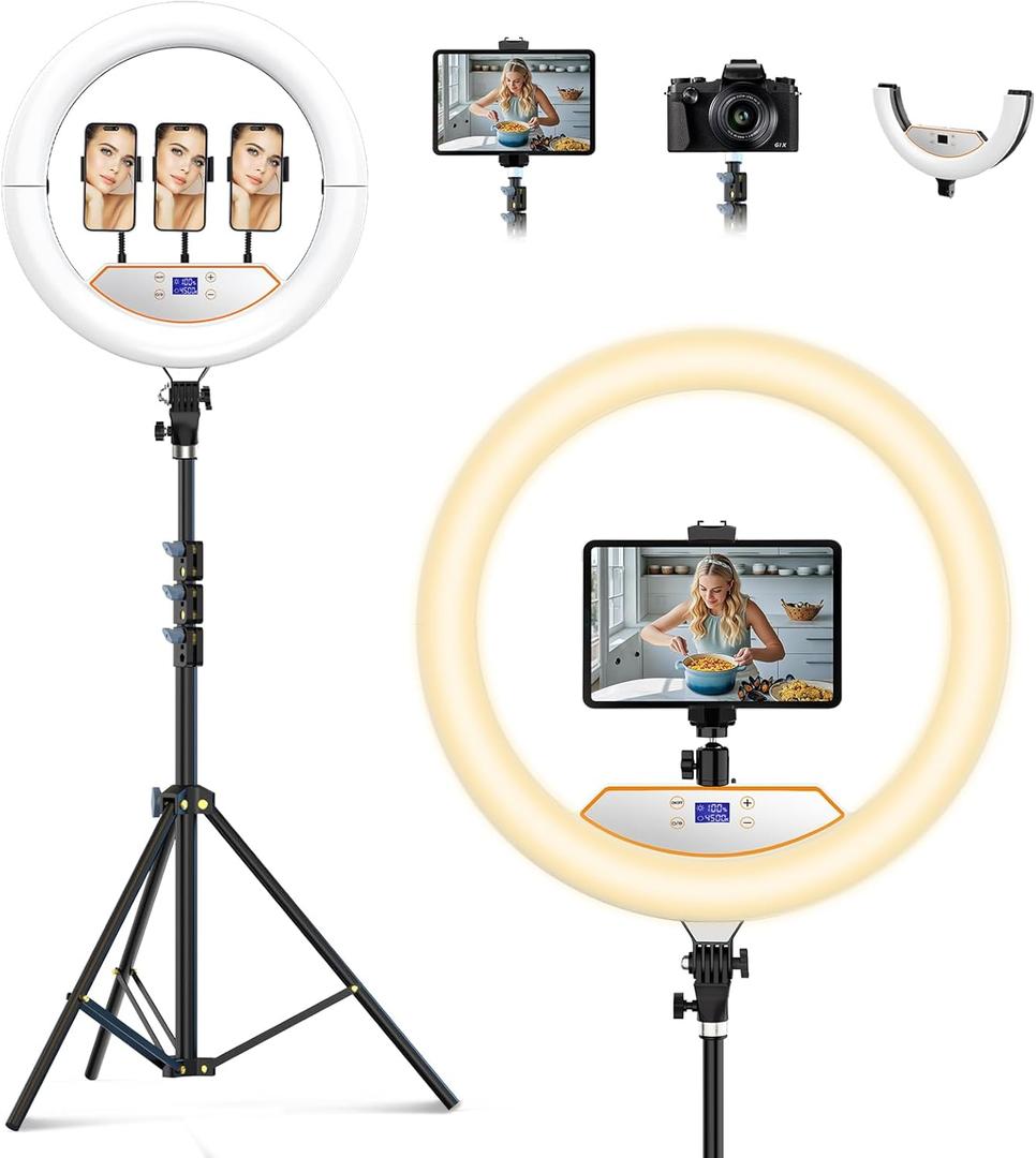18 inch Ring Light with Stand,Foldable Large Ring Light for ipad iPhone,LCD Display/4 Clips/2 USB Ports,2700-6500K with Tripod for Tattoo Lash Barber Makeup Photography Lighting