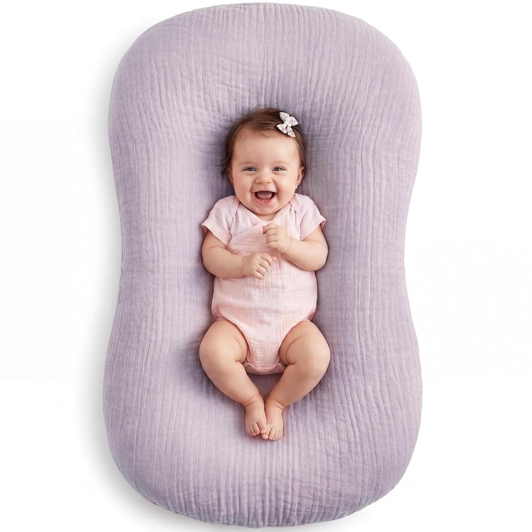 Muslin Baby Lounger Cover 1 Pack, Cotton Soft Breathable Infant Nest Slipcover, Envelope Closure, Compatible with Snuggle Me Loungers, Machine Washable, Cover Only, for Girls Boys (Purple)