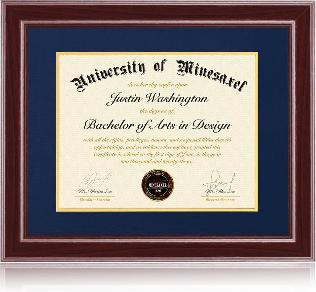 16x20 Diploma Frames 13x17 with Blue Mat, Fits Degree Certificate Document, 20 x 16 Cherry Red Frame with Tempered Glass Panel for Wall Mounting