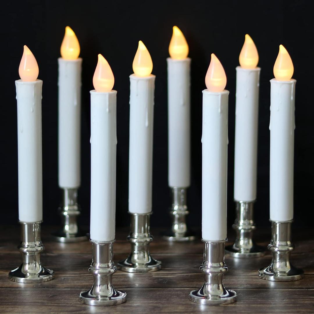 DRomance 9" Flameless Window Taper Candles Battery Operated with 8-Key Remote and Timer, 8 Pack White Christmas Holdiay Window Candles with Silver Holders, Suction Cups and AA Batteries Included, 4-8 Pack White with Silver Holder