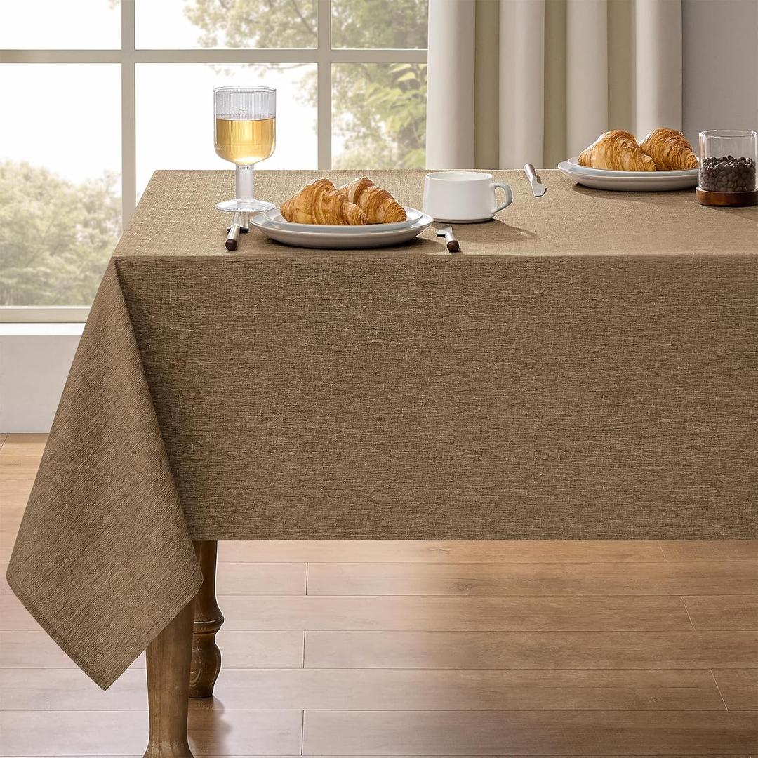 Decorelia Faux Linen Farmhouse Table Cloth 60"x144" for 10 ft Rectangle Table, Coffee Waterproof Outdoor Washable Tablecloth for Rectangular Dining Room Kitchen Outdoor Party Restaurant Table,Coffee
