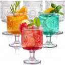 Pumtus 6 Pack Vintage Goblet Glasses, 7.6 OZ Embossed Floral Glass Cup, Clear Romantic Wine Glassware, Unique Pressed Pattern Stemware, Mixed Drink Glasses Set for Cocktail, Juice,Whiskey, Beer