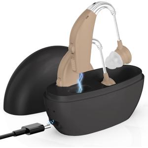 Pair Rechargeable Digital Hearing Aids Amplifier BTE Sound Amplifier Device with Noise Reduction Fit for Adults and Seniors, All-Day Battery Life, Lightweight Behind The Ear, Skin (Beige)