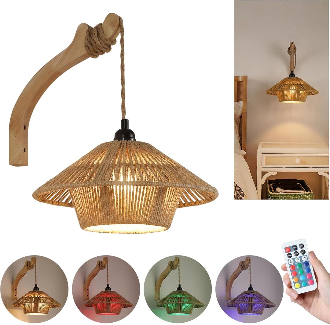 Dijiahua Battery Operated Large Wall Sconce,Wireless Rechargeable Woven Rattan Boho Sconces Wall Lights with Remote, RGB 12 Color-Changing Wall Lamp, Indoor 10.8" Dia Oversized 1-Light Cordless Sconce (1 Pack-Lanterns, Brown+Yellow)