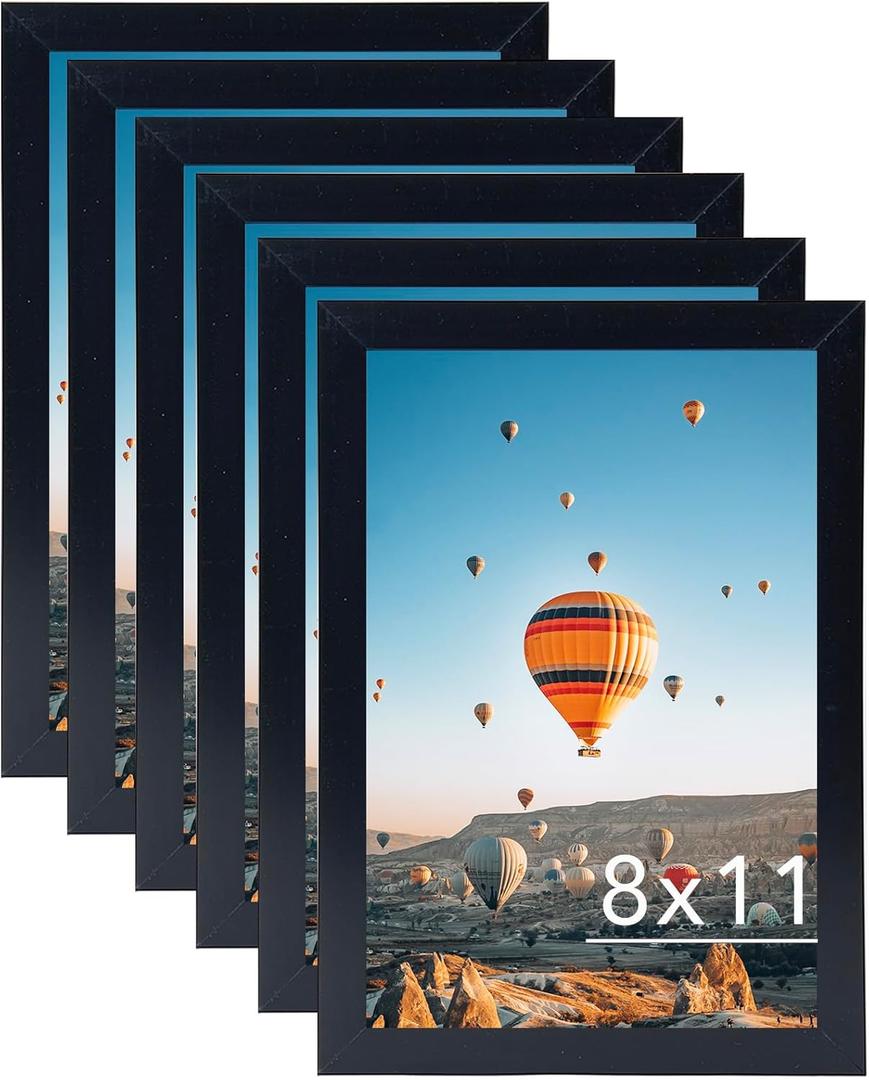 8x11 Picture Frame Set of 6 Black for Wall Hanging or Tabletop- Wall Mounting Horizontally or Vertically, 8 x 11 Wall Gallery Poster Photo Frame for 8 by 11 Photo,6 Pack, Black
