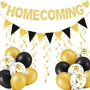 TaoBary 53 Pcs Homecoming Decorations, Black Gold Homecoming Garland Banner Bunting Balloons Swirls Decorations Kit for High School Hoco Dance Party Supplies Welcome Back to School Favors