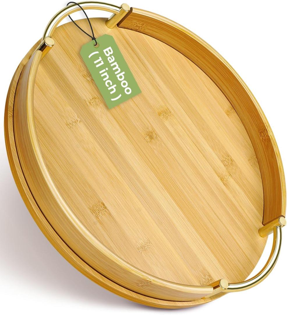 JUPELI 11.8 Round Bamboo Serving Tray with Handles  Decorative Tray, Breakfast Tray, Coffee Table Tray, Ottoman Tray, Kitchen Platter for Drinks, Snacks, Vanity, Home Decor & Gifts