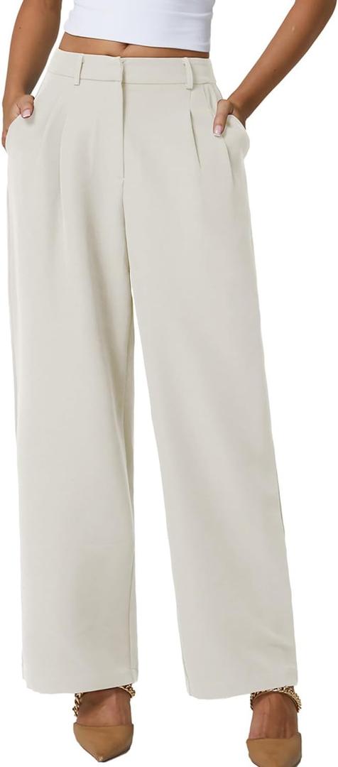 QINSEN Wide Leg Dress Pants for Women High Waisted Wrinkle Free Work Pants with Pockets Casual Slack (Beige, M)