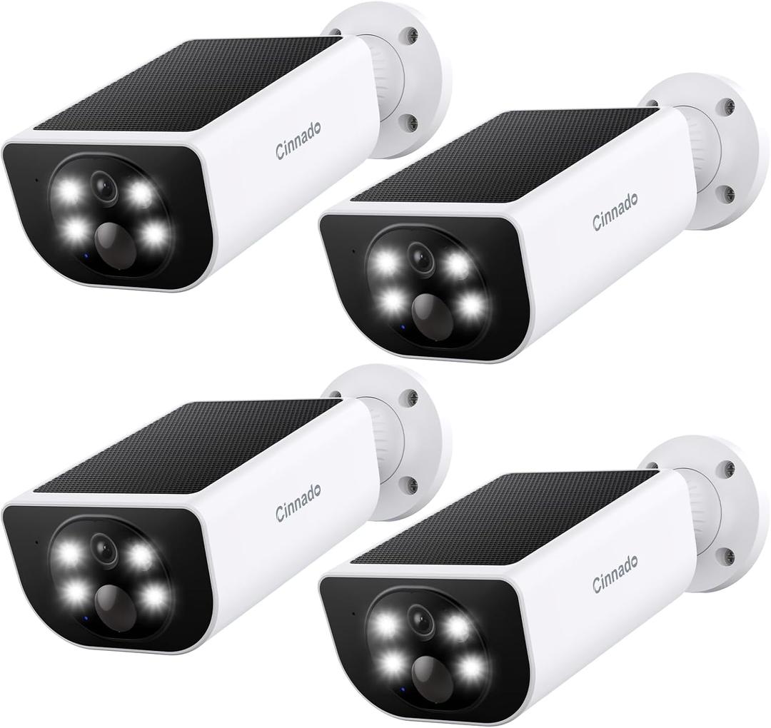 Cinnado Security Cameras Wireless Outdoor - Home Security Cameras Solar & Battery Powered with 2K Color Night Vision, 2-Way Talk & Spotlight, Continuous Power, 2.4 GHz Wi-Fi, Easy Set Up, S1 4 Pack