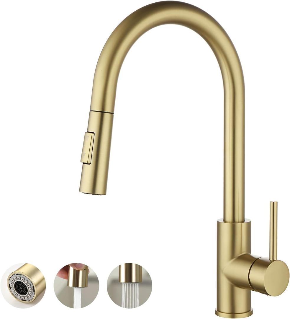 Havin Gold Kitchen Faucet with Pull Down Sprayer, High Arc Stainless Steel Material, with cUPC Ceramic Cartridge,Without Deck Plate,Fit for 1 Hole Kitchen Sink or Laundry Sink,Brushed Gold,HV501G