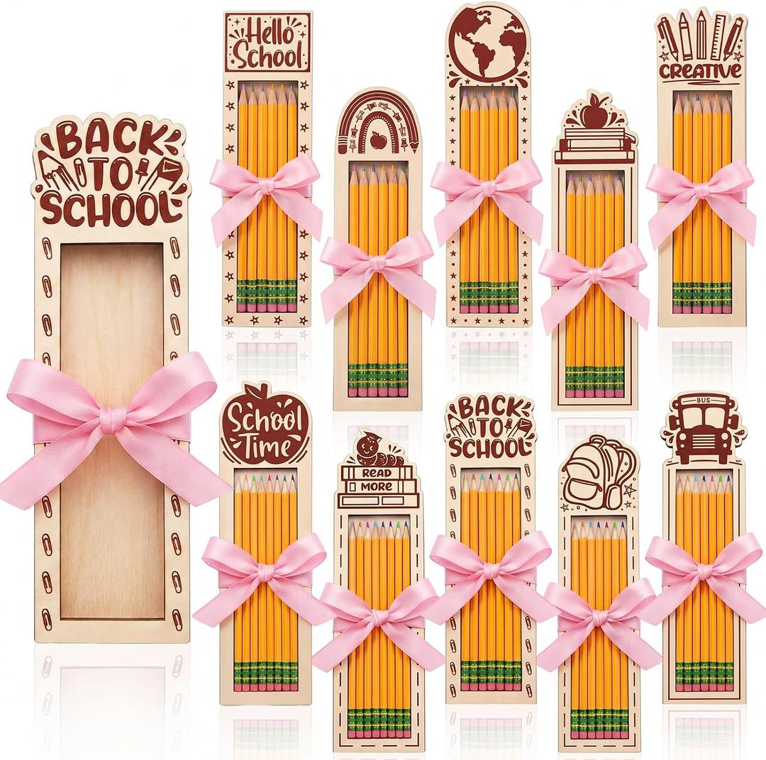 Mooliwe 10 Pcs Back to School Gifts for Students Bulk Wood Pencil Case Holder with Pink Ribbon DIY Welcome First Day of School Gift for Students Teacher Appreciation Supplies Classroom Prize Stuffer