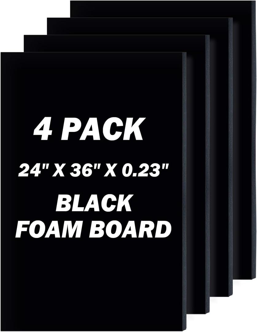 24" x 36" Foam Board 4 Pack, 0.23" Thickness Black Poster Board, Acid Free, Double Sided, Rigid, Sign Board for Mounting, Crafts, Modelling, Art, Display, School Projects