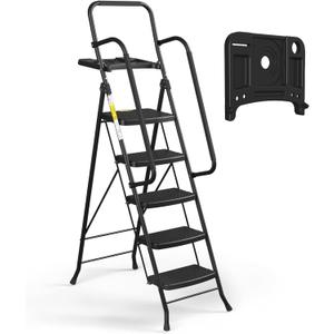 HBTower Step Ladder, Folding Step Stool with Wide Anti-Slip Pedal, Sturdy Steel Ladder, Convenient Handrail, Lightweight, Portable Steel Step Stool (5 Step Ladder, Black)