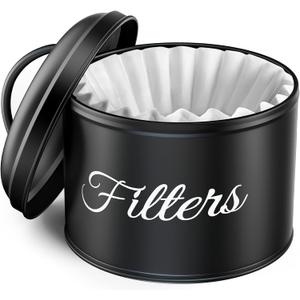 Coffee Filter Holder for Counter, Large Basket Coffee Filter Storage with Lid, Round Container for Bar Accessories Decor (Black)