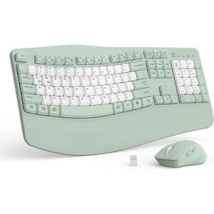 Wireless Keyboard and Mouse Combo,2.4G Full Size Wave Keys Ergonomic Keyboard with Wrist Rest for Natural Typing, 3 DPI Adjustable Ergonomic Mouse for Computer/Laptop/Windows/Mac (Avocado Green-B)