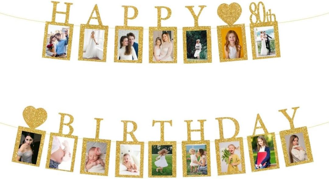 Happy 80th Birthday Photo Banner 80 Year Old Party Decorations, Eighty Birthday Picture Frame Banner 80th Photo Frame Party Supplies Bunting Decor