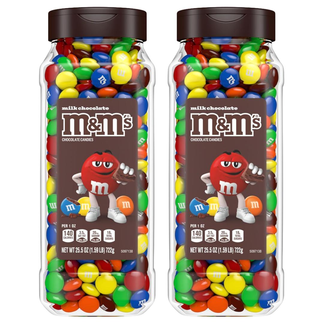 M&M'S Milk Chocolate Candy, Resealable Jars, Party Size, 25.5 oz, 2 Pack | Colorful milk chocolate candies in resealable jars for easy pour for sharing, movie night snacks, candy buffets, party, gifts, Best By: 08/2026