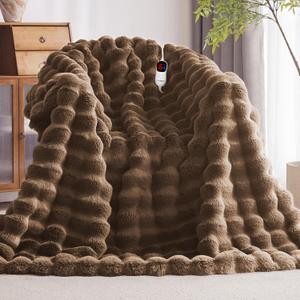 Anysay Heated Blanket Full Size with 1/2/4/6/8 Hours Auto-Off 10 Heat Level, 62'' * 84'' Cozy Faux Rabbit Fur Bubble Electric Blanket with Overheat Protection(Brown)