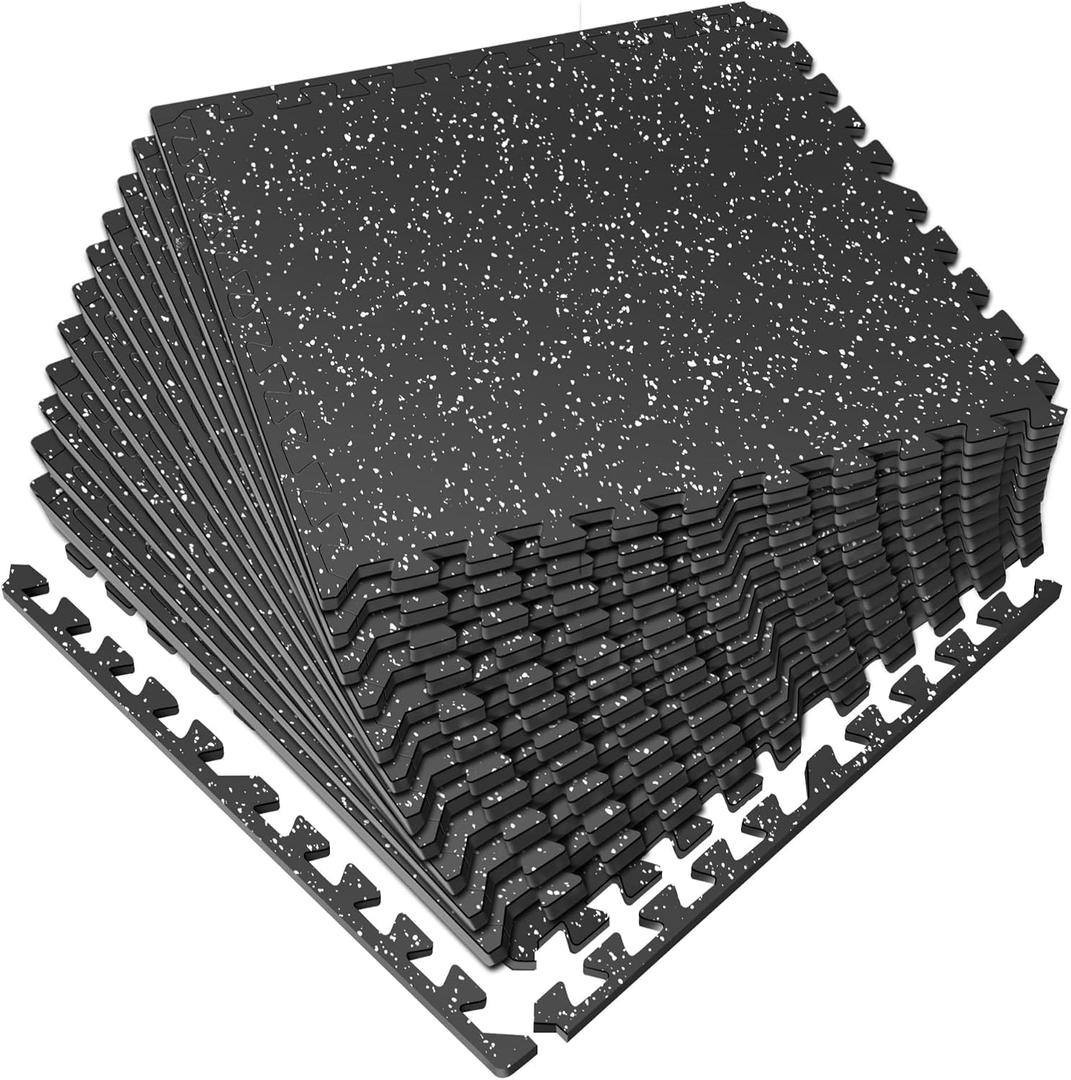 0.56in Thick 48 Sq Ft Gym Flooring for Home Gym, 12 Tiles Workout Exercise Equipment Mats, Rubber Top with EVA Foam, Interlocking Puzzle Floor Tiles for Fitness Room, Protective Flooring Mat
