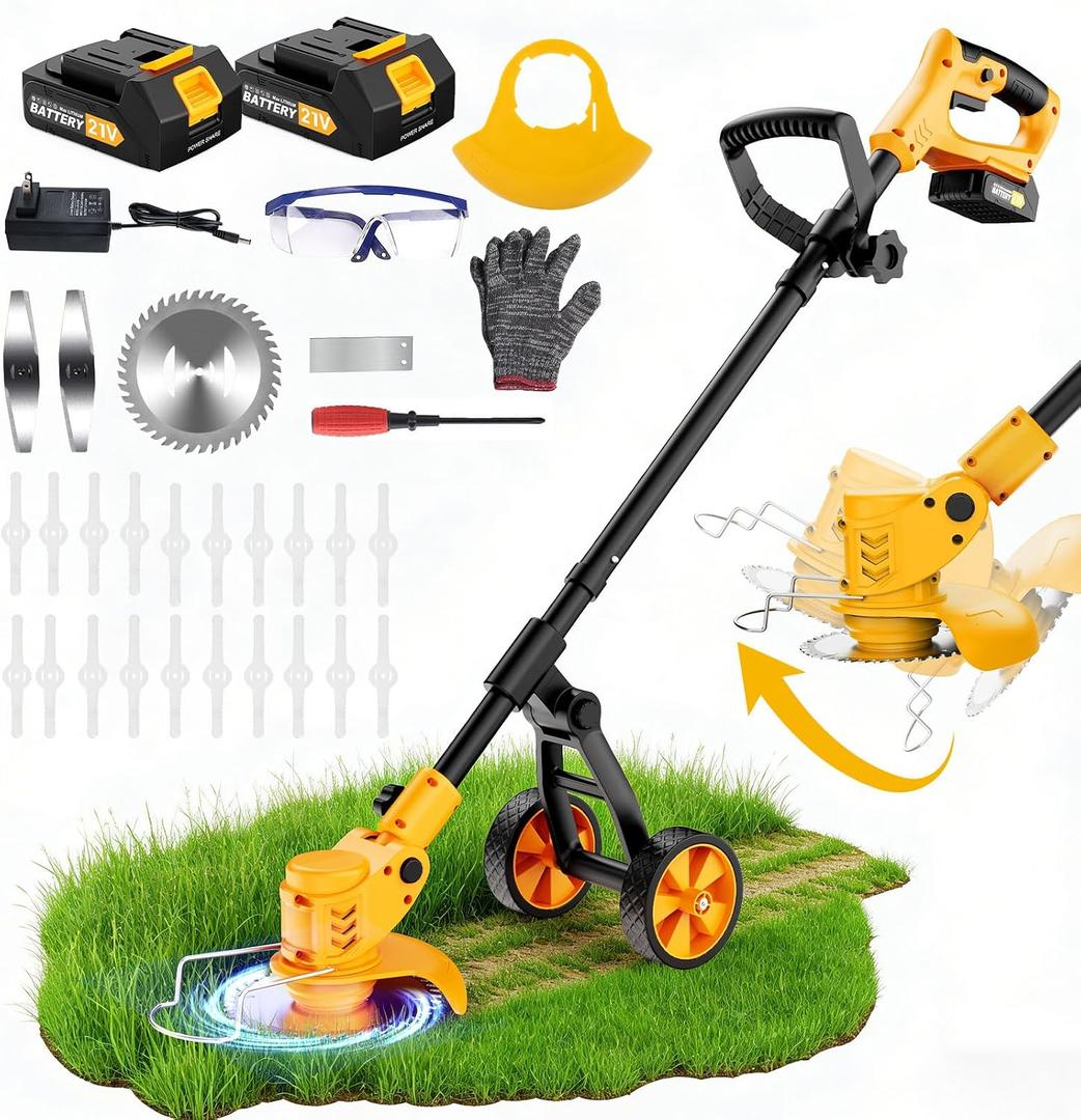 Electric Weed Wacker Cordless, Electric String Trimmer with 3 Types Blades & Removable Auxiliary Wheels, Brush Cutter & Grass Trimmer & Lawn Edger with for Garden Yard