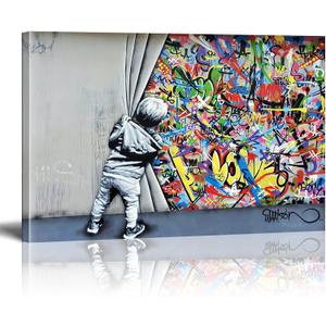Banksy Canvas Wall Art Pop Street Graffiti Wall Art Decor Cool Poster Paintings Colorful for Men Ready To Hang for Living Room Bedroom Home Bathroom Wall Decor 16x24in Framed