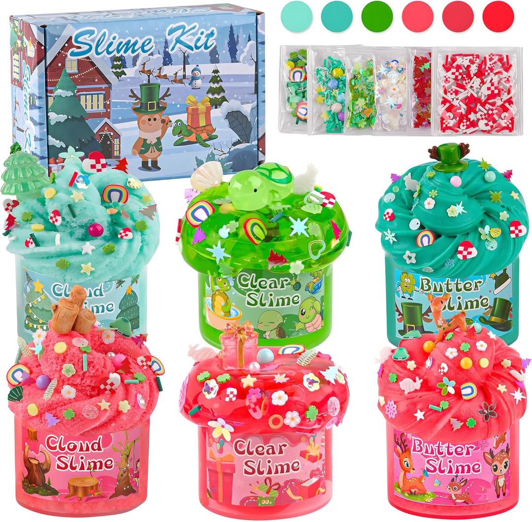 LAWOHO 6 Packs Red & Green Slime for Kids- Clear, Butter, Cloud Slime Making Kit with Glow in The Dark Add-ins & Charms, Slimes Kit for Boys & Girls Party Favors, Birthday Halloween Christmas Easter