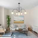 Modern Black Sputnik Chandelier 6-Light Mid Century Chandelier for Dining Room with Milky Glass Globe Ceiling Pendent Light Fixture for Living Room Kitchen Island Foyer Bedroom