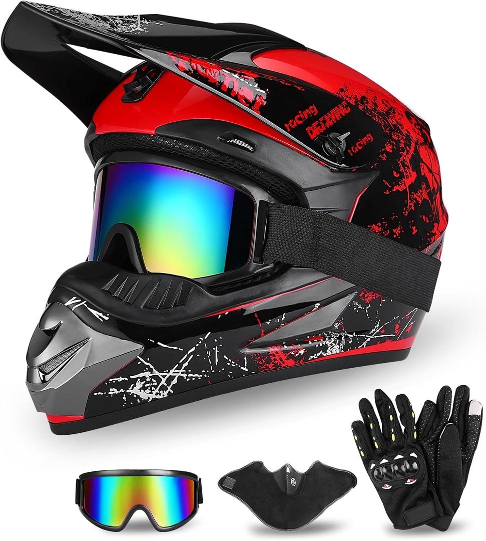 Full Face Dirt Bike Helmet DOT Certified - Complete Adult ATV Helmet Kit with Goggles, Gloves & Mask, Adjustable Visor, Quick Release (Black, S)