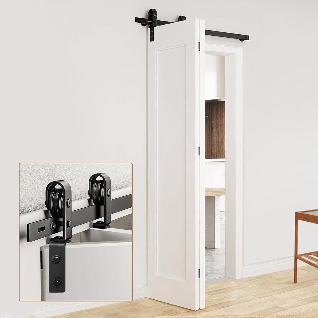 52" Bifold Barn Door Hardware Kit for 2 Doors, Black Track and Top Mounted Heavy Duty Roller Bi-Folding Sliding Barn Door Hardware Kit, Fit Door Width 2X24 (J Shape, 52" for 2 Doors)