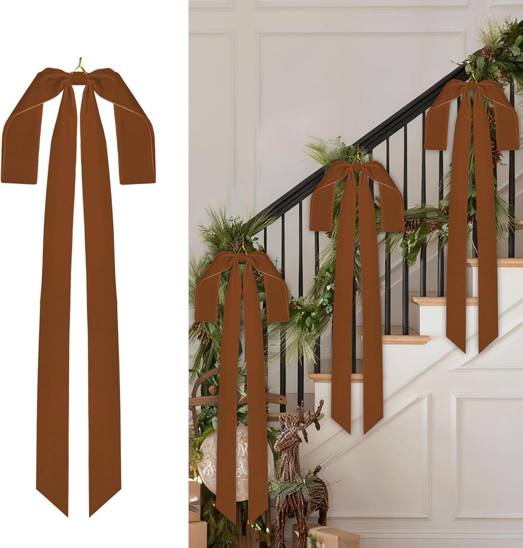 Aneco 6 Pieces Large Brown Velvet Christmas Bows 35 x 16 Inch Christmas Swag Bow Pre Tied Fence Staircase Wreath Bows Holiday Tree Topper for Xmas Home Door Outdoor Decorations