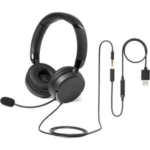Basics On Ear Wired Computer Headset with Adjustable Microphone, 3.5mm Port or inLine Control with USBA Port, Foldable, Clear Sound, Small/Medium Size, Black