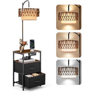 VEVOR Floor Lamp with Table, Handwoven Rattan Shade, 2-Tier End Table with 2 Drawers, 3 Color Temp LED Bulb, Modern Nightstand Side Table with USB Type C AC Charging Port for Living Room Bedroom