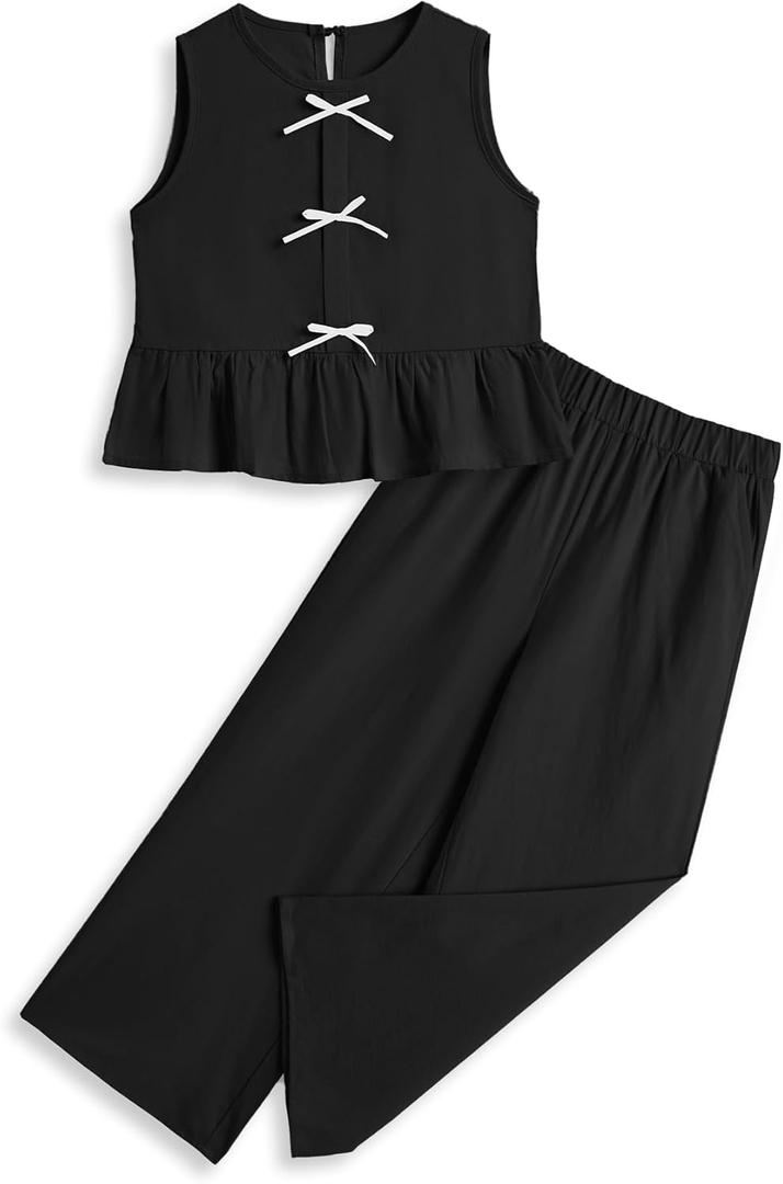 Girls Clothing Sets Sleeveless Bow Crop Top Wide Leg Linen Pants 2025 Summer Outfits Cute Kids Clothes (7-8 Years, Black)