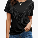 PESION Women's Fringe Trim Shirts Short Sleeve Tassel Trim Blouse T-Shirt Tops Size 3XL