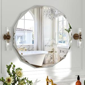 30x30 Inch Round Beveled Bathroom Mirror, Circle Frameless Copper-Free Silver Mirror, Modern Vanity Mirror, Decorative Wall Mirrors for Restroom, Bedroom, Living Room, Bathroom, Entryway