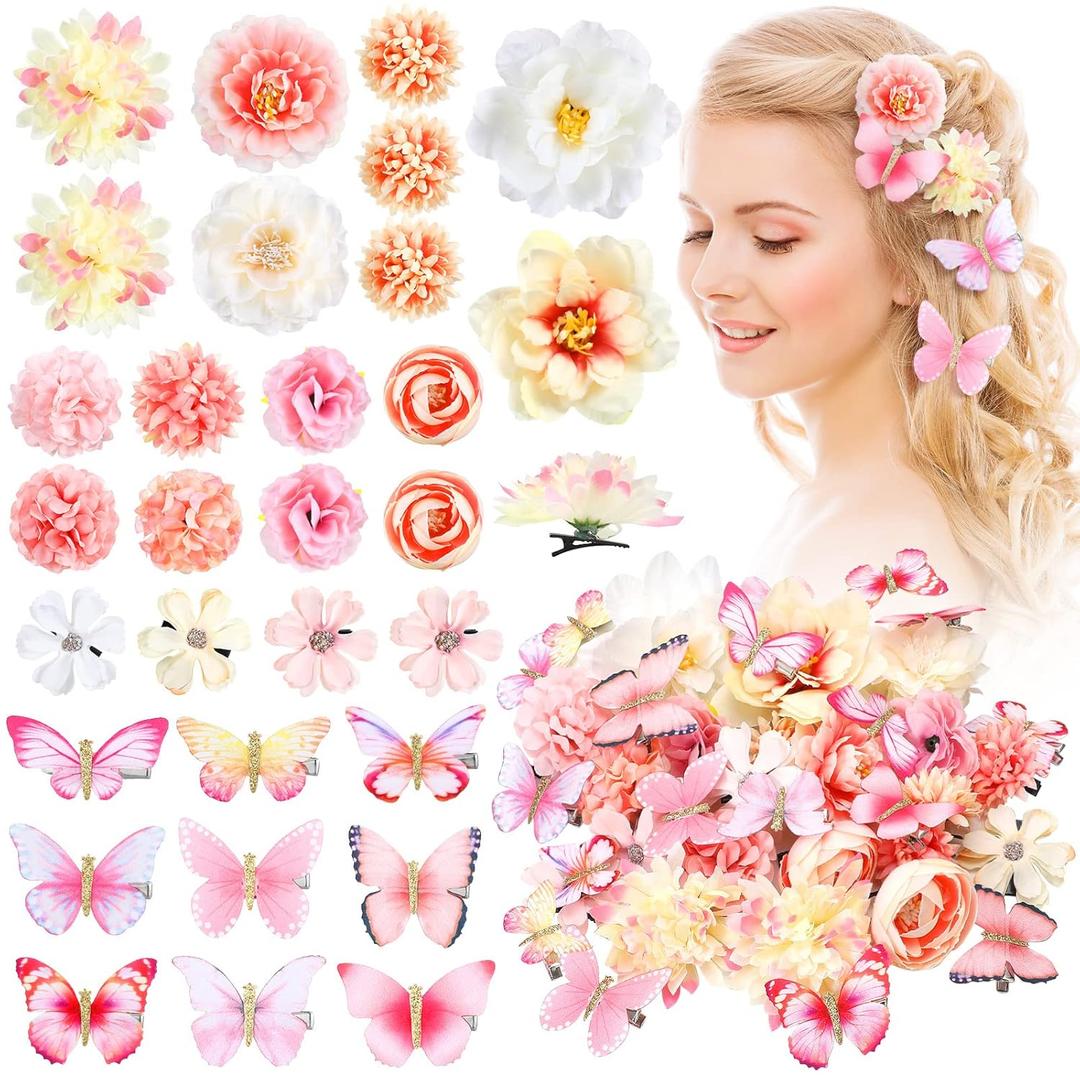 Bencailor 30 Pieces Hair Clips, Handmade Flower Butterfly Hair Clips, Realistic Flower Hair Accessories, Colorful Barrettes for Bride Women Wedding Girls Flower Hair Pins Hairpin (Pink, White)