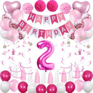 2nd Birthday Decorations for Baby Girl, Pink White 2 Happy Birthday Balloons, Birthday Party Supplies Including Pink Happy Birthday Banner, Number 2 Foil Balloons