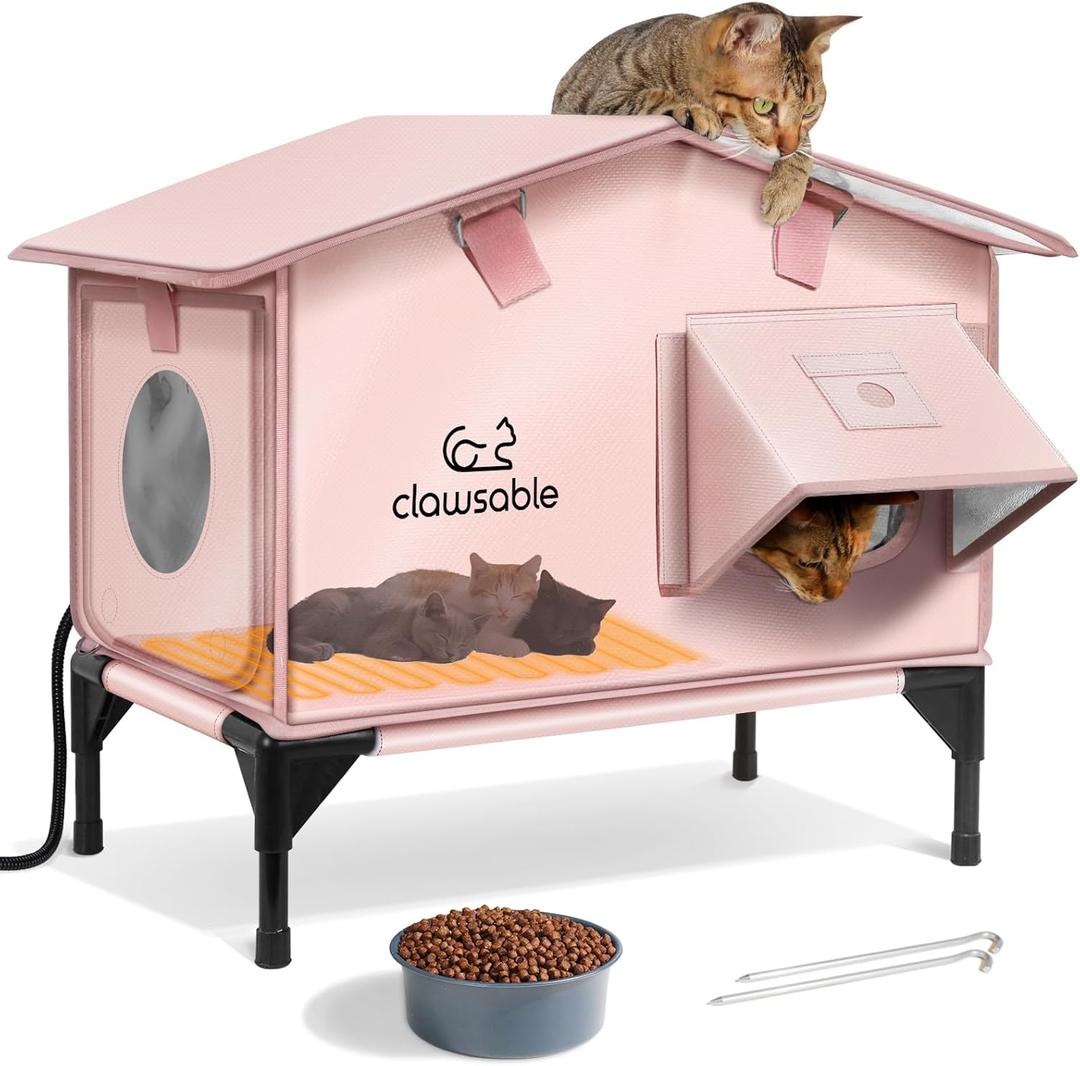 Upgraded Heated Cat House for Outside Escape Door, Highly Insulated Heated Outdoor Cat House Waterproof Awning, Weatherproof Outdoor Feral Cat Shelter for Stray Winter (22.0"L x 12.0"W x 20.0"H, Peach Pink)