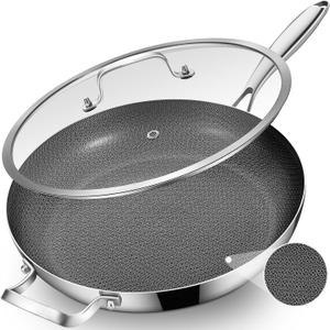 Inqibee 14.5-Inch Hybrid Ceramic Nonstick Tri-Ply Stainless Steel Frying Pan with Lid, Large Skillet,Induction Chef's Cooking Pan,Dishwasher and Oven Safe