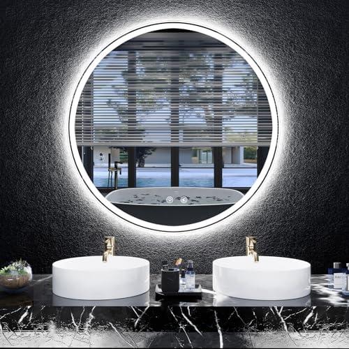 28 Inch LED Bathroom Mirror: Round Vanity Mirror with Lights, Dimmable & 3 Color Change, Backlit & Front Lit,4MM Tempered Glass, Shatterproof, Anti-Fog Bathroom Shower Mirror, bathroom mirrors with light