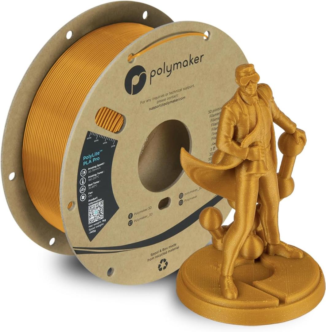 Polymaker PLA PRO Filament 1.75mm 1kg, Tough & High Rigidity Metallic Gold 3D Printing Filament, PolyLite PLA PRO 3D Printer Filament 1.75mm, Print with Most 3D Printers