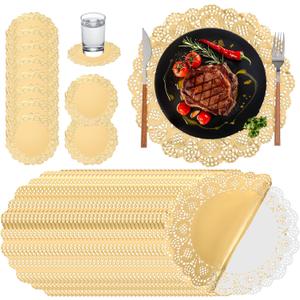 200 Pcs Lace Paper Disposable Placemats, 12 Inch Gold Paper Doilies Decorative Tableware, Disposable Gold Placemats Round for Wedding Anniversary Birthday