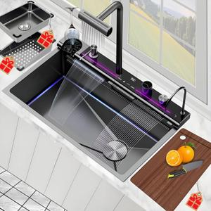 Kitchen Sink, Smart Waterfall Sinks Drop In Workstation with Cup Washer and Pull Down Faucet, 29.5 Inch Stainless Steel Undermount Single Bowl Basin, Household Modern Sinks for RV,Farmhouse,Bar (Black 29.5" X 18" X 9")