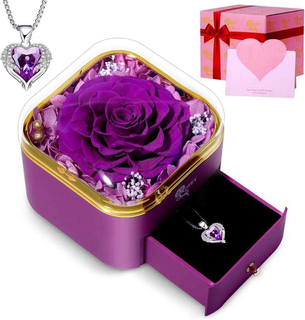 Mothers Day Flower Gifts for Mom,Preserved Purple Real Rose with Purple Necklace,Forever Flowers Rose Gifts for Women Mom Wife Girlfriend on Mothers Day Valentines Anniversary Birthday Gifts for Women