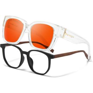 VIEWBETTER Anti 99.99% Blue Light Blocking Glasses Over Eyeglasses, Oversized Fitover Amber Orange Computer Gaming Eyewear (A04 Transparent Frame / Red Lens)