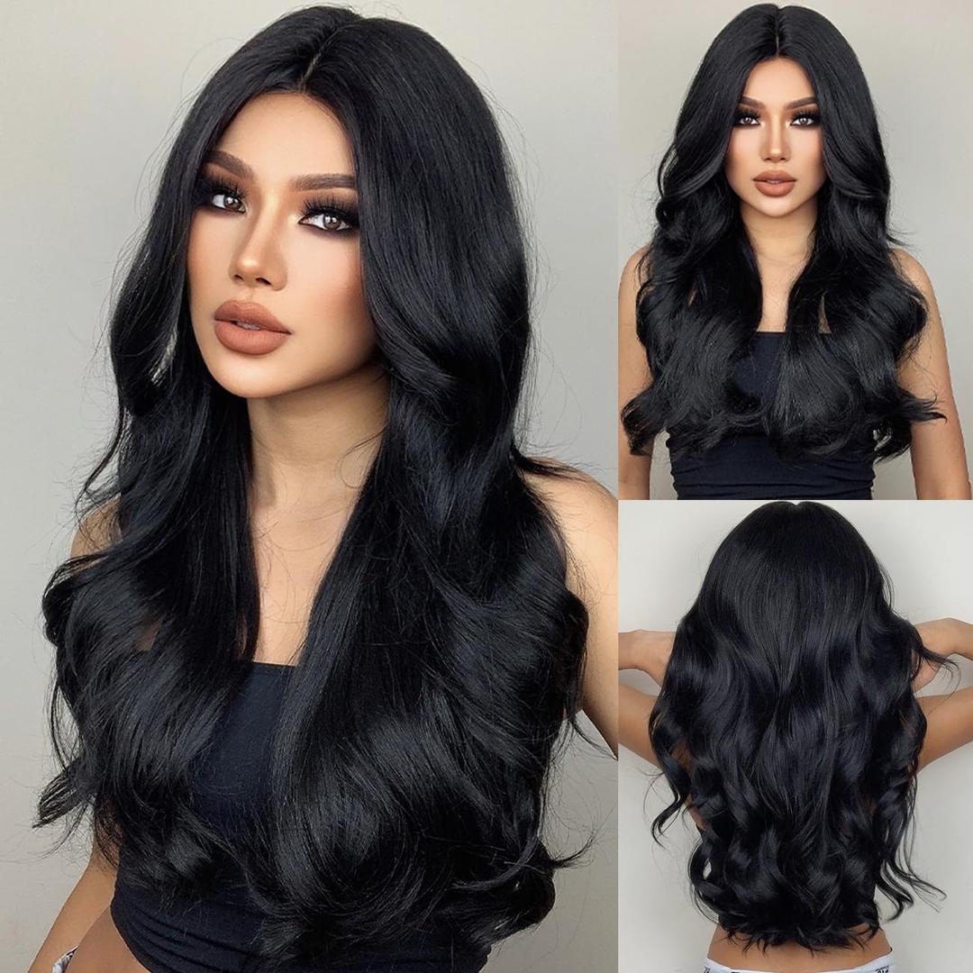 Long Black Brown Wavy Hair Wigs for Women Natural Synthetic Curly Wig Heat Resistant Fiber Wigs for Daily Cosplay