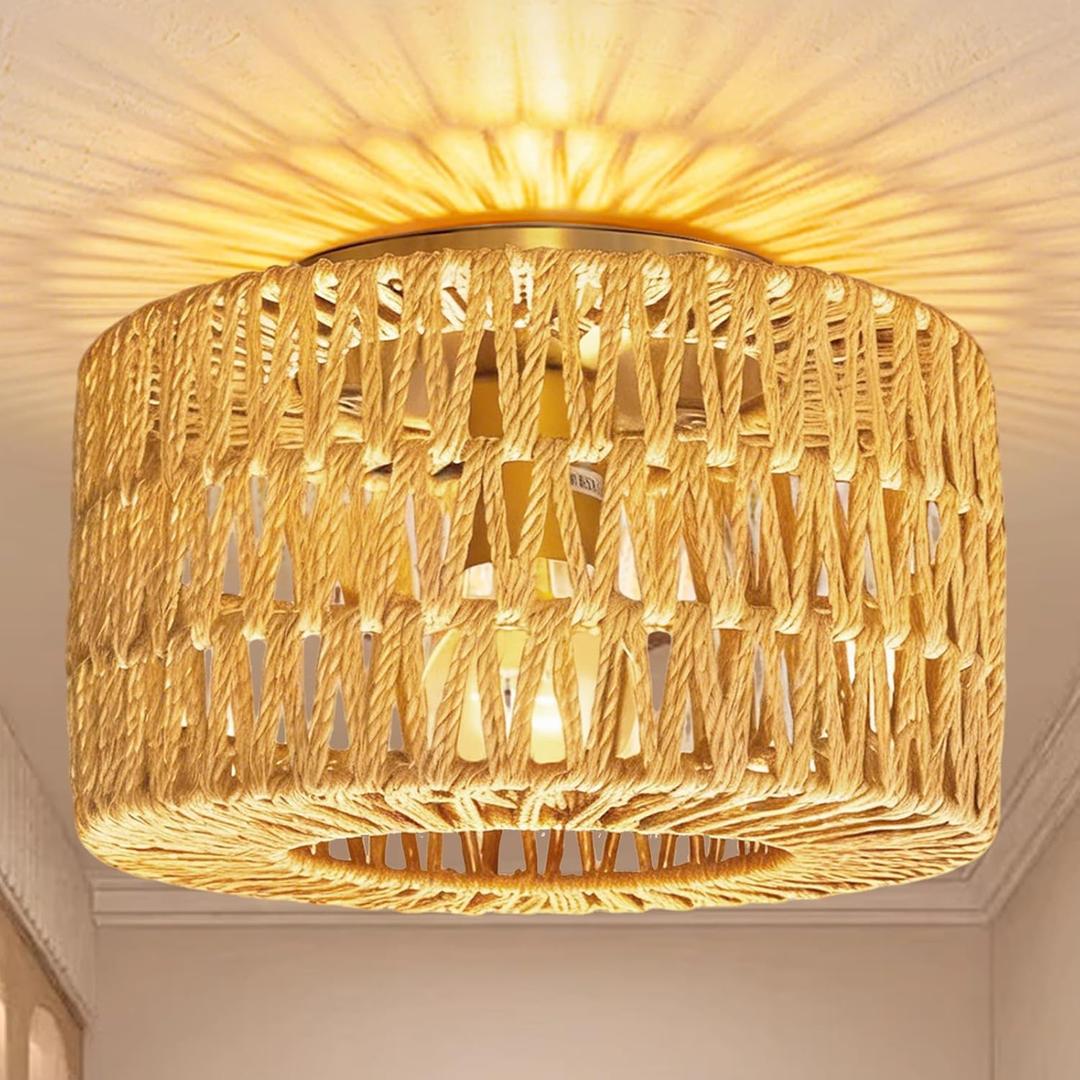 Rattan Ceiling Light Fixture, Bohemian Modern Woven, Boho Flush Mount, 9.84inch