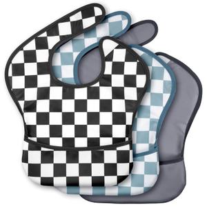 3-Pack Waterproof Baby Bibs for Eating - Mess Proof Lightweight Toddler Feeding Bibs with Large Food Catcher, Food-Grade Baby Eating Essentials, Easy to Put On & Clean(Black Cherkerd)